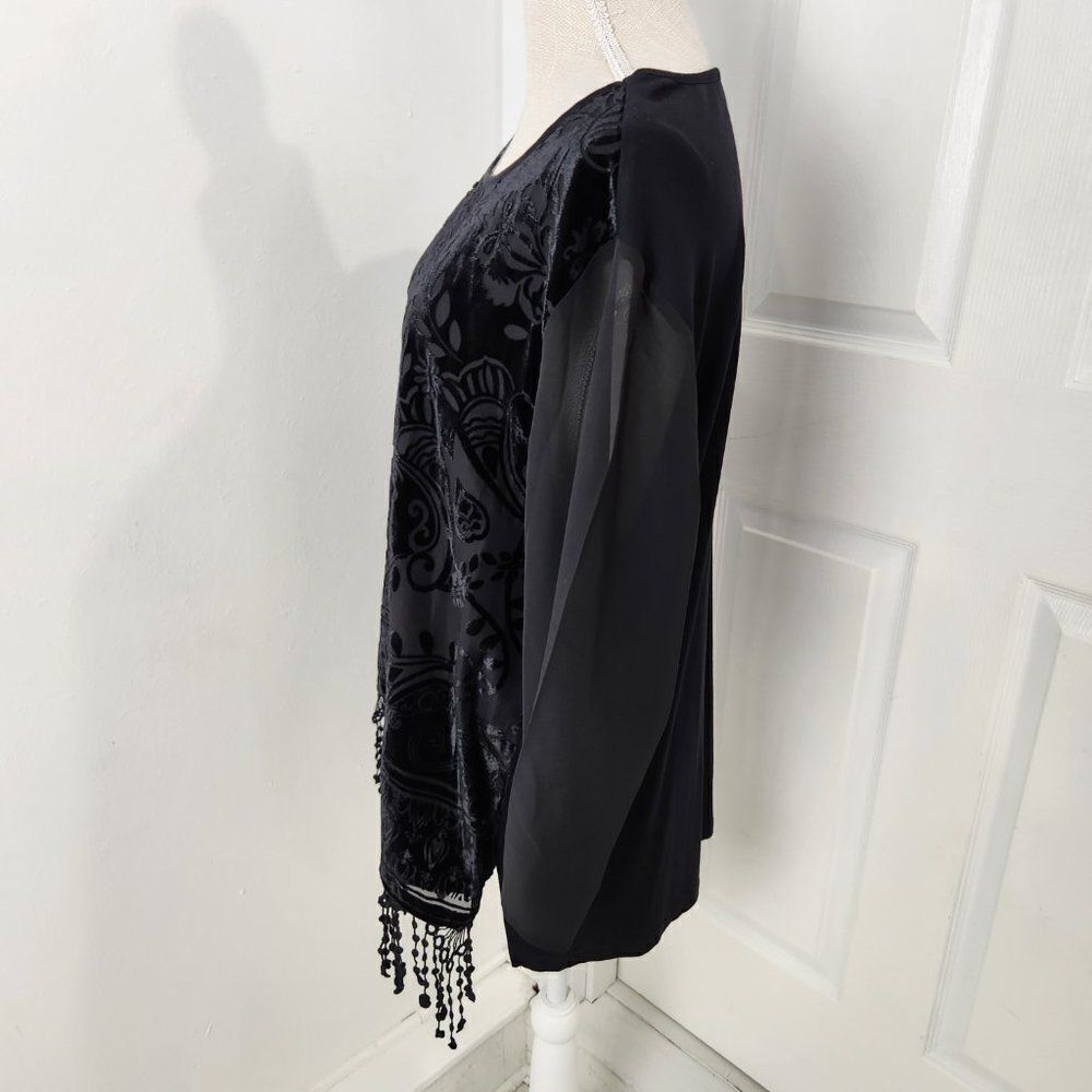 Chicos Top Womens 3 US XL Black Burnout Velvet Fringe Trim Goth Witch Festival - Picture 5 of 16